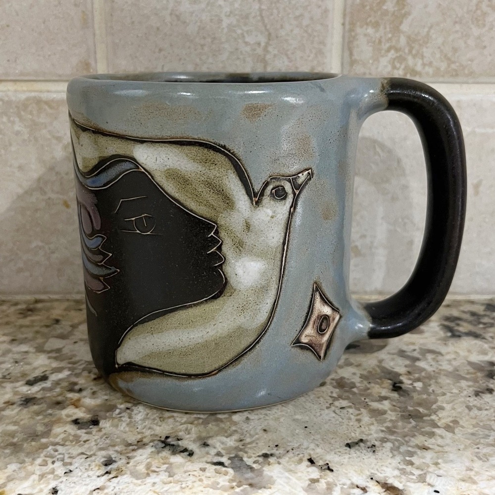 Mara Pottery Abstract Dove Face Moon Stars Mug Hand-Carved Stoneware